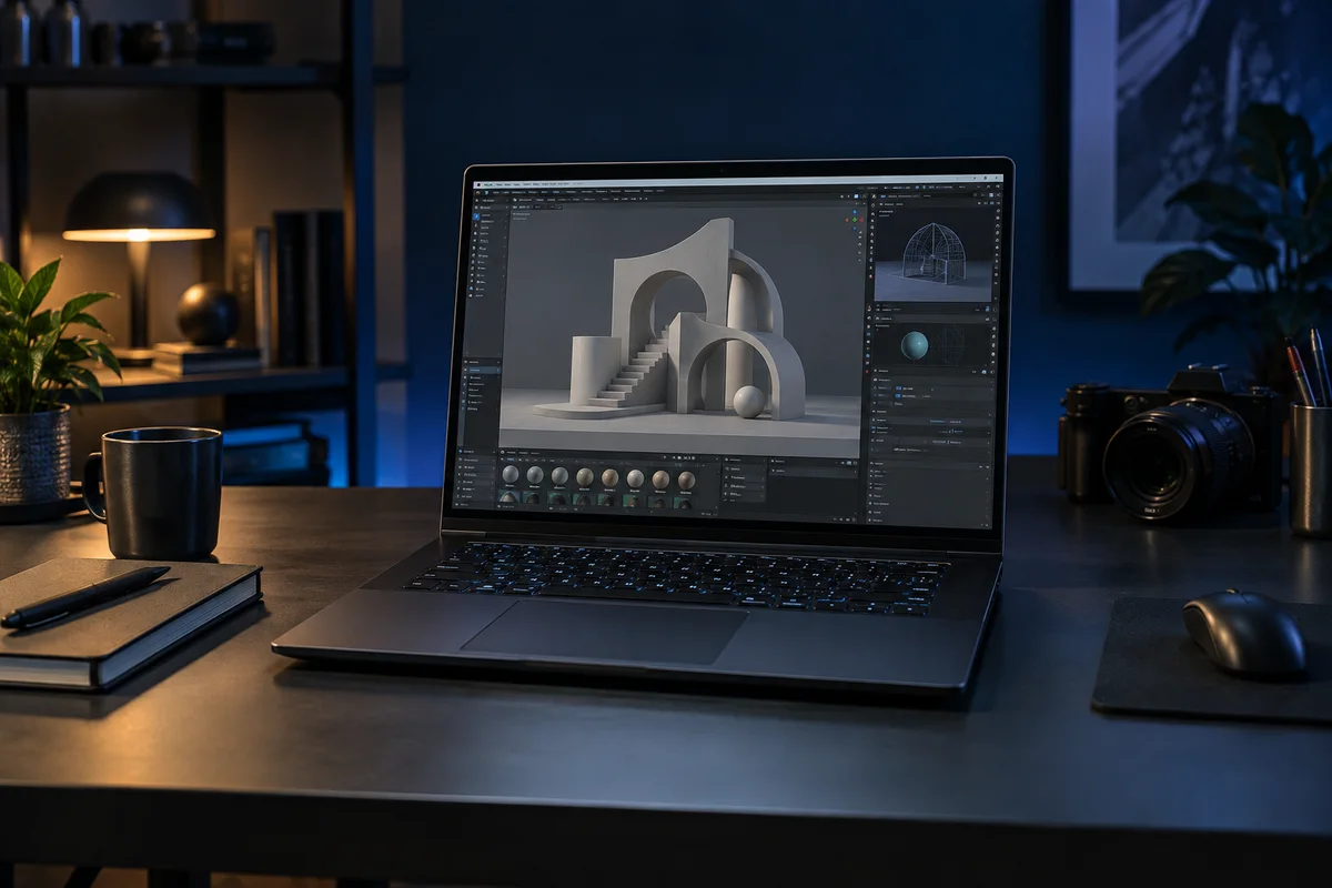 Ilustrasi laptop dengan aplikasi pemodelan 3D dan objek arsitektur di layar.
