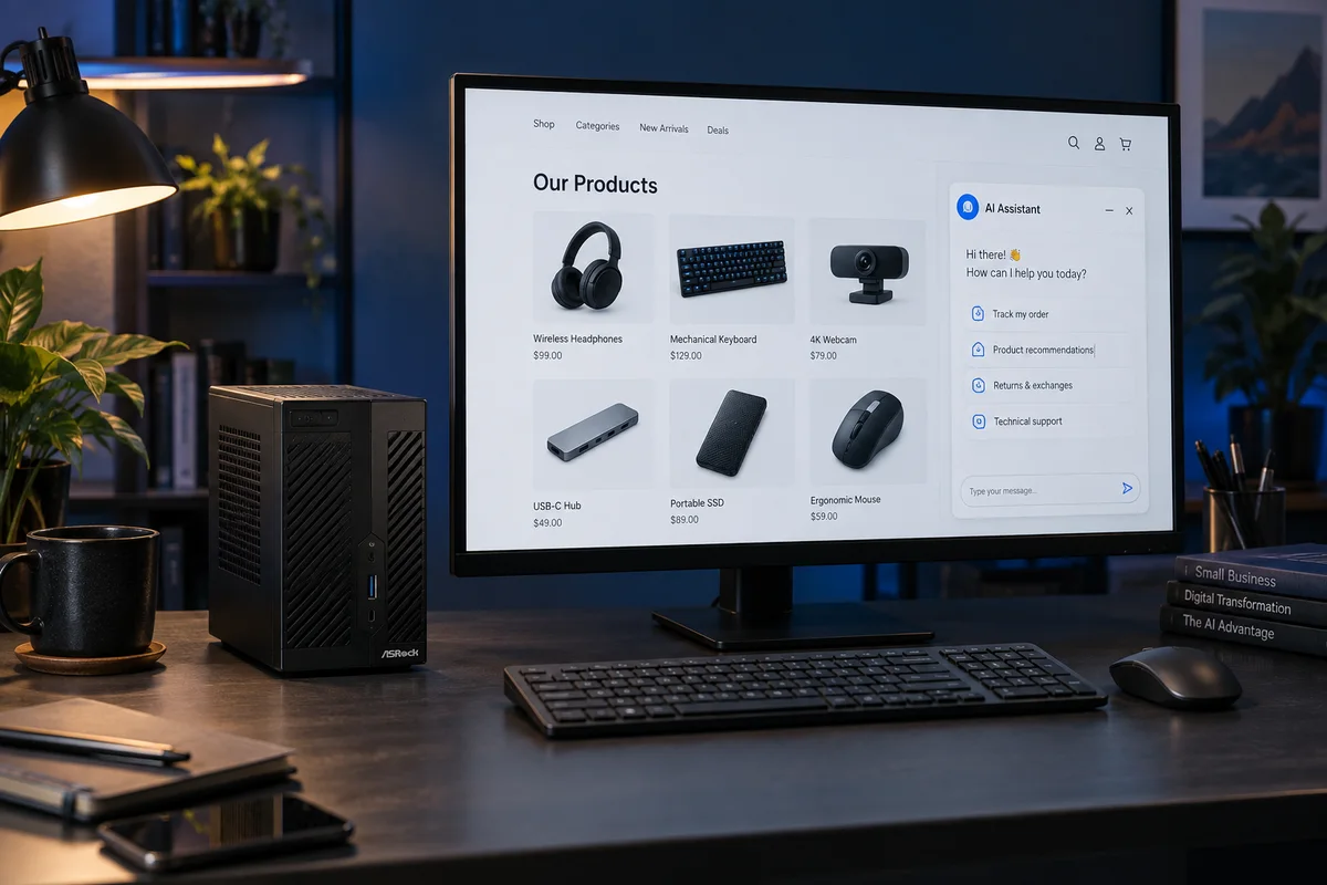 Ilustrasi Mini PC hitam di samping monitor yang menampilkan katalog toko dan panel asisten chat.