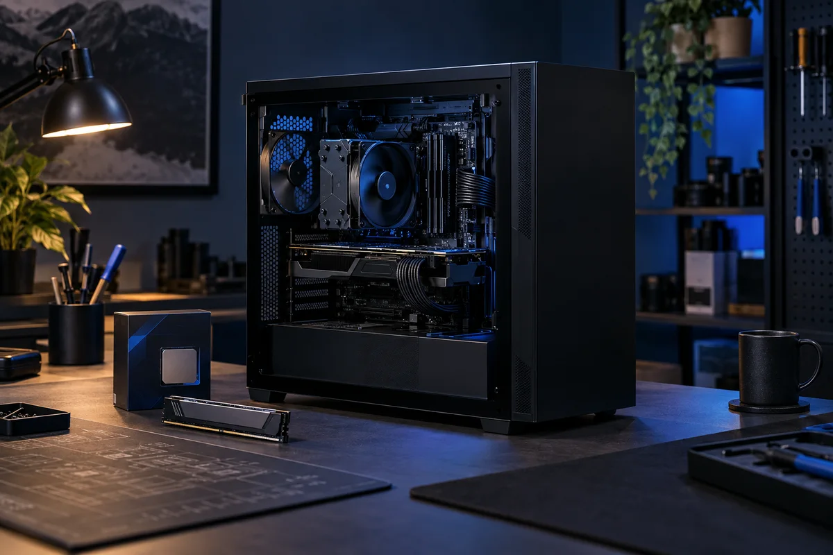 Ilustrasi PC hitam dengan panel transparan, kartu grafis, pendingin, dan RAM di meja perakitan.