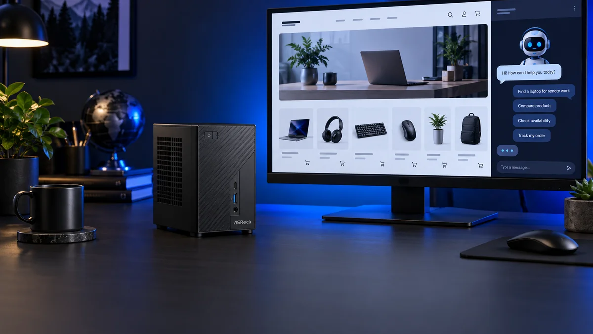 Ilustrasi paket Cloud Assistant: Mini PC dengan website katalog dan asisten chatbot toko