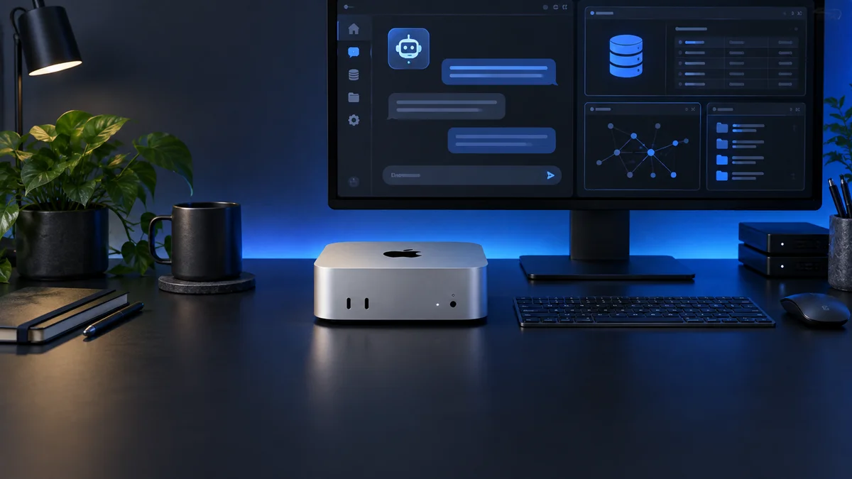 Ilustrasi paket Local Assistant: Mac mini dengan asisten AI lokal dan pengelolaan data privat
