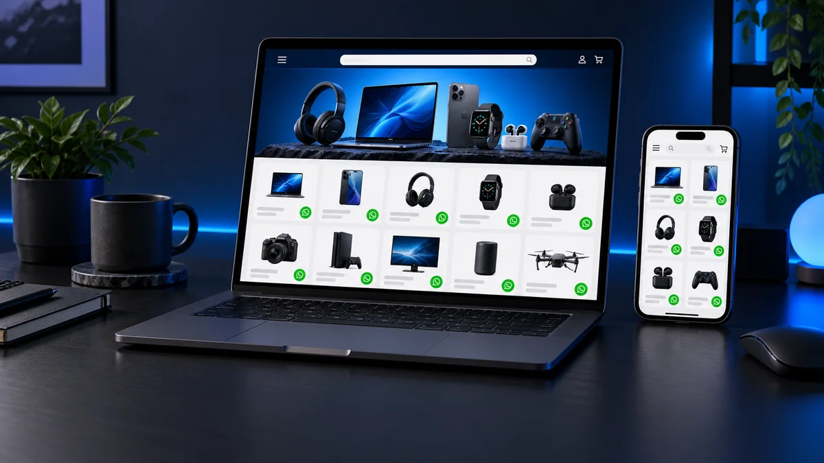 Ilustrasi paket Starter: katalog toko responsif di laptop dan smartphone dengan pemesanan WhatsApp